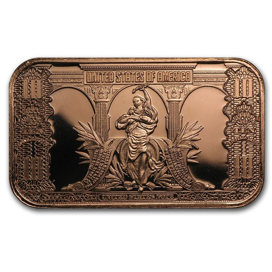 1 oz Copper Bar - $10 Bison Note