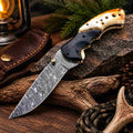 Hand Forged Damascus Folding Knife With Bull Horn Handle & Leather Sheath
