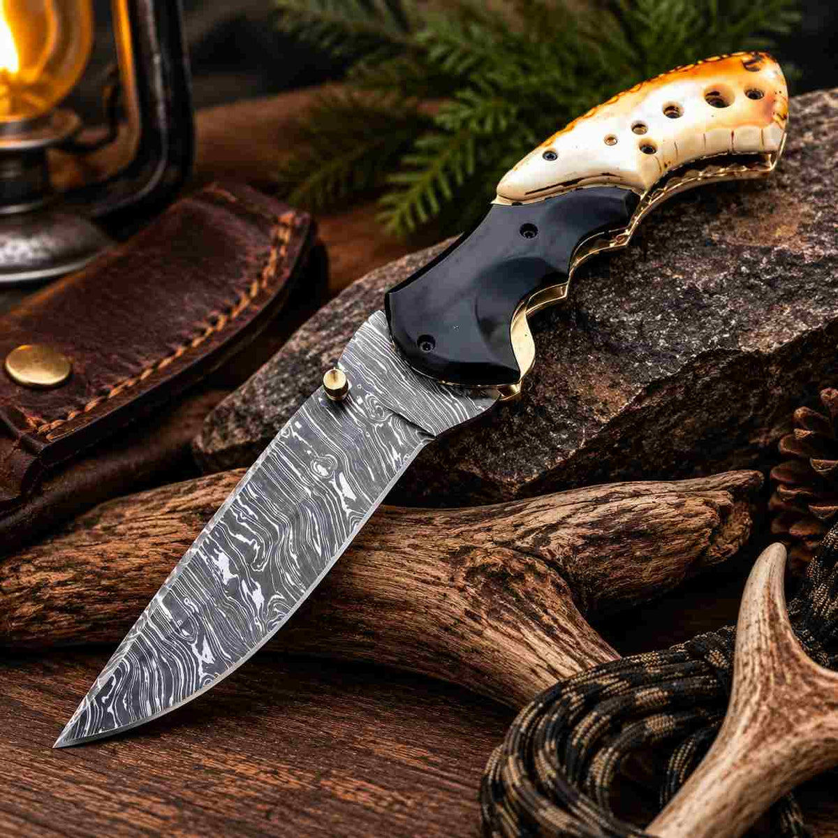Hand Forged Damascus Folding Knife With Bull Horn Handle & Leather Sheath
