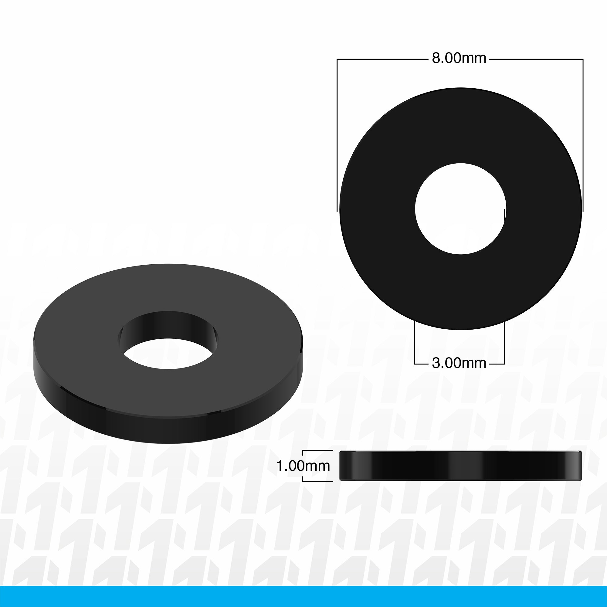 1UP Racing - 3x8x1mm Precision Aluminum Shims, Black, (10 pcs)