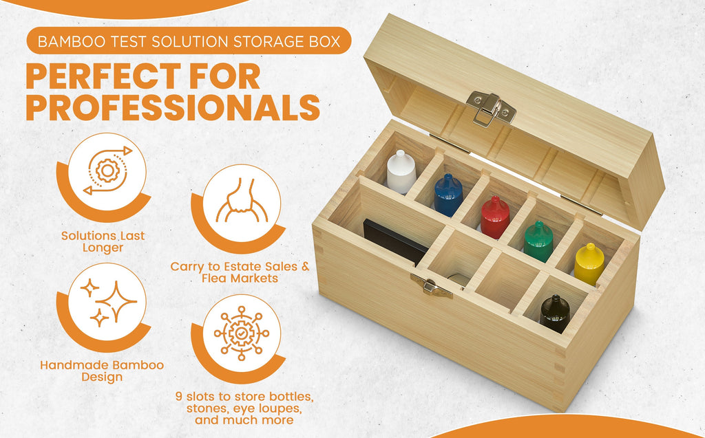 PuriTEST Precious Metal Jewelry Testing Kit Gold Silver Platinum Test Acids Wooden Box 30X Eye Loupe 10K 14K 18K 24K Needle File Cloth Acid