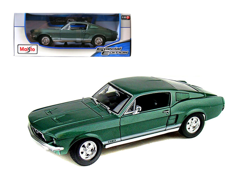 Maisto - 1967 Ford Mustang GTA Fastback Green Metallic with White Stripes 1/18 Diecast Model Car by Maisto