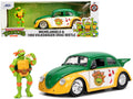1959 Volkswagen Drag Beetle Green and Yellow and Michelangelo Diecast Figure "Teenage Mutant Ninja Turtles" "Hollywood Rides" Series 1/24 Diecast Model Car by Jada