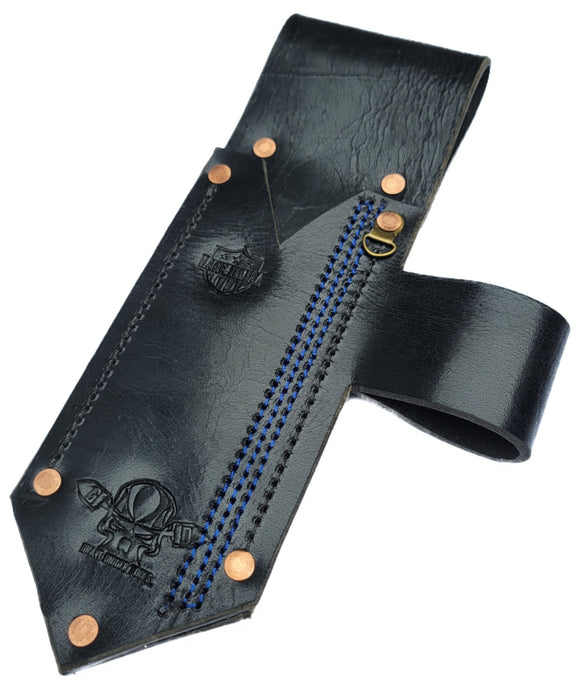 Grave Digger Custom Black Water Buffalo Leather Sheath With Blue Stripe and Pinpointer Loop