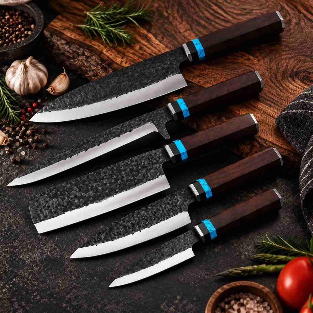 5 Piece Hammer Forged Kitchen Knife Set With Rosewood Handle