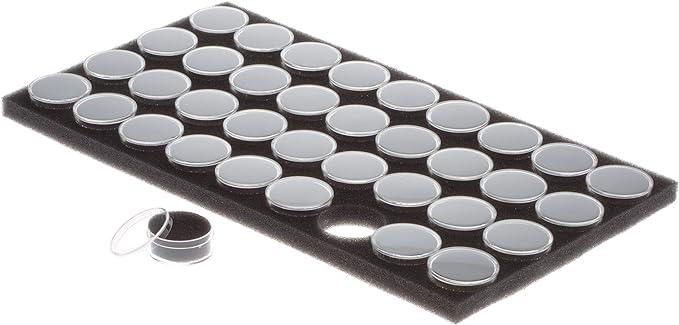 Contenedores de exhibición redondos transparentes SE con tapas a presión y relleno de espuma negra (paquete de 36)