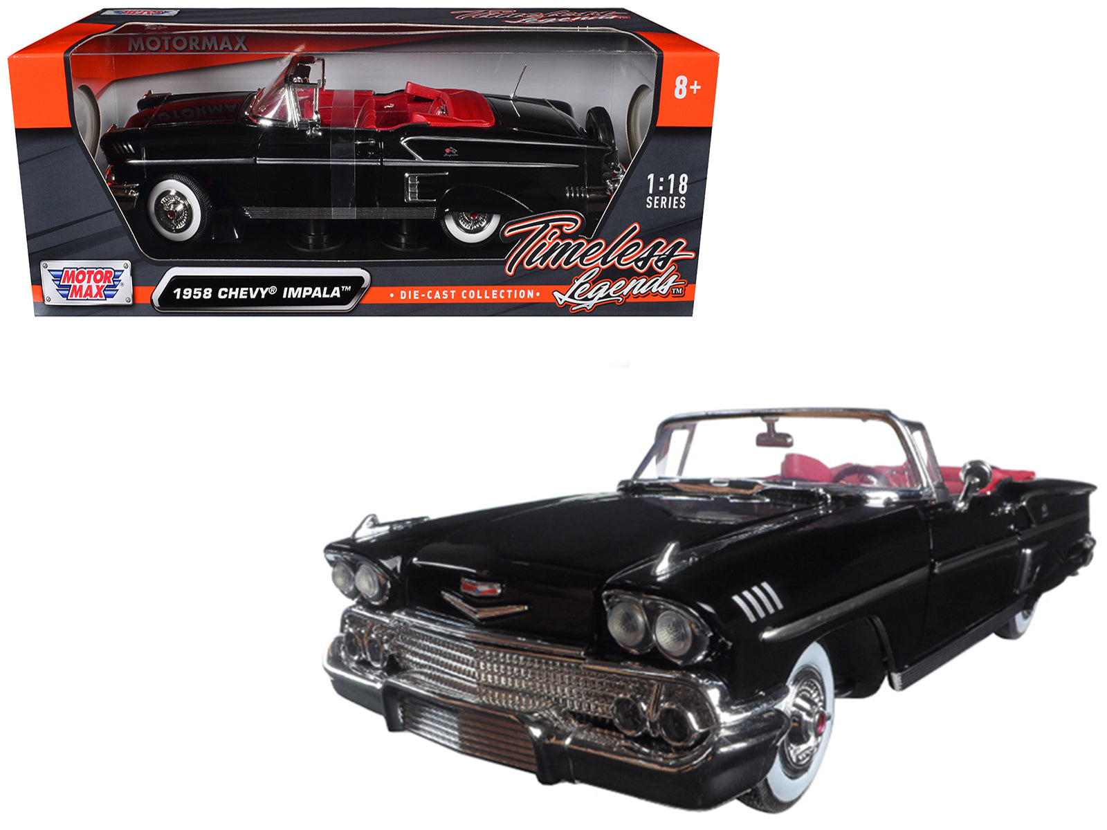 1958 Chevrolet Impala Convertible Black with Red Interior "Timeless Classics" 1/18  Diecast Model Car by Motormax