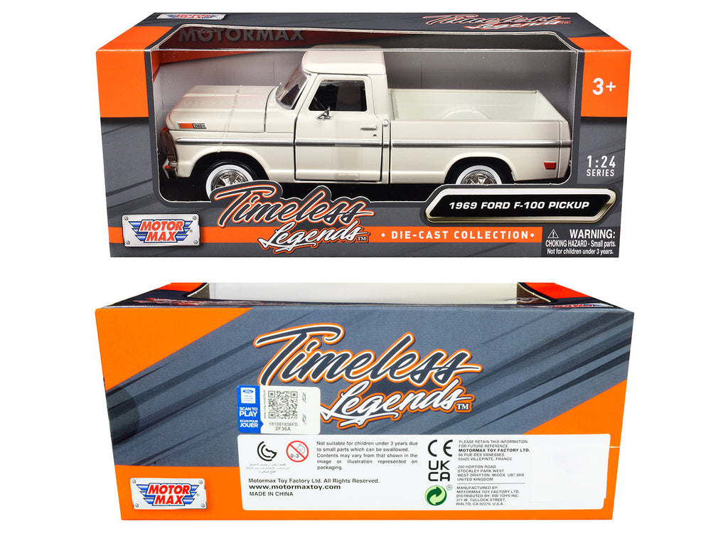 1969 Ford F-100 Pickup Truck Cream "Timeless Legends" Series 1/24 Diecast Model Car by Motormax