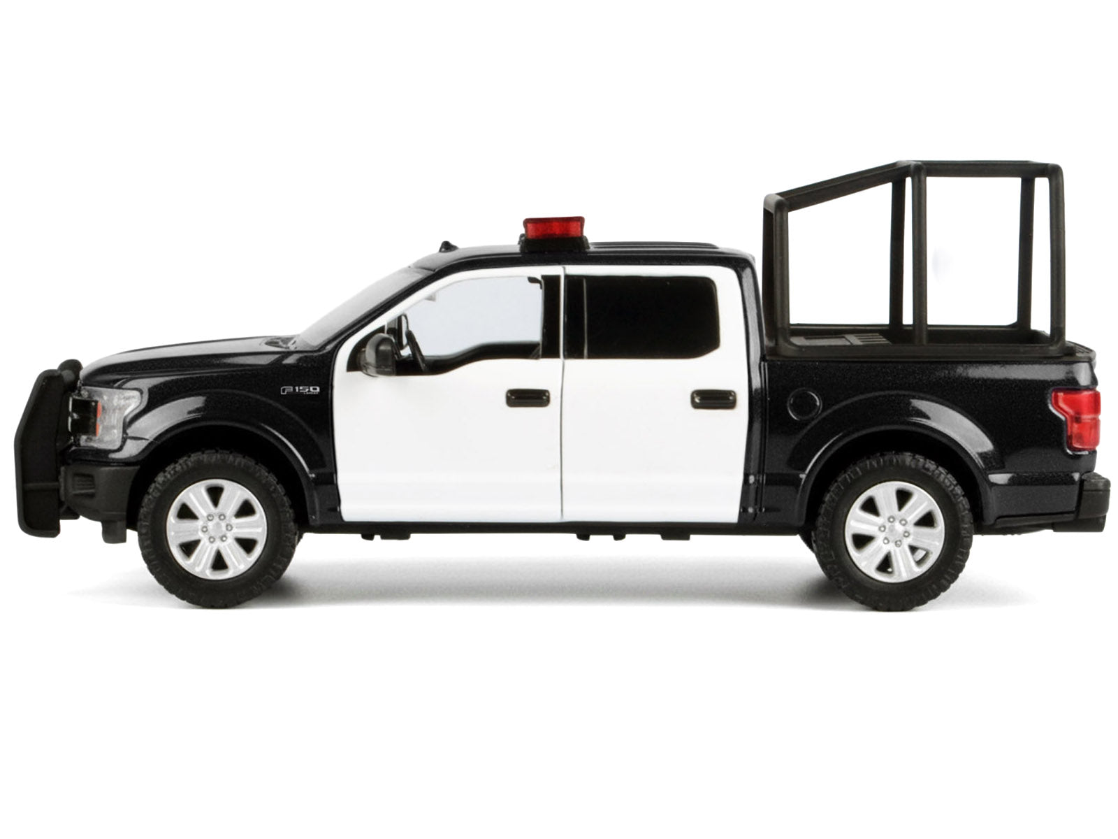 2019 Ford F-150 Lariat Crew Cab Pickup Truck with Bed Cage Black and White with Flashing Light Bar and Front and Rear Lights and Sounds 1/27 Diecast Model Car by Motormax