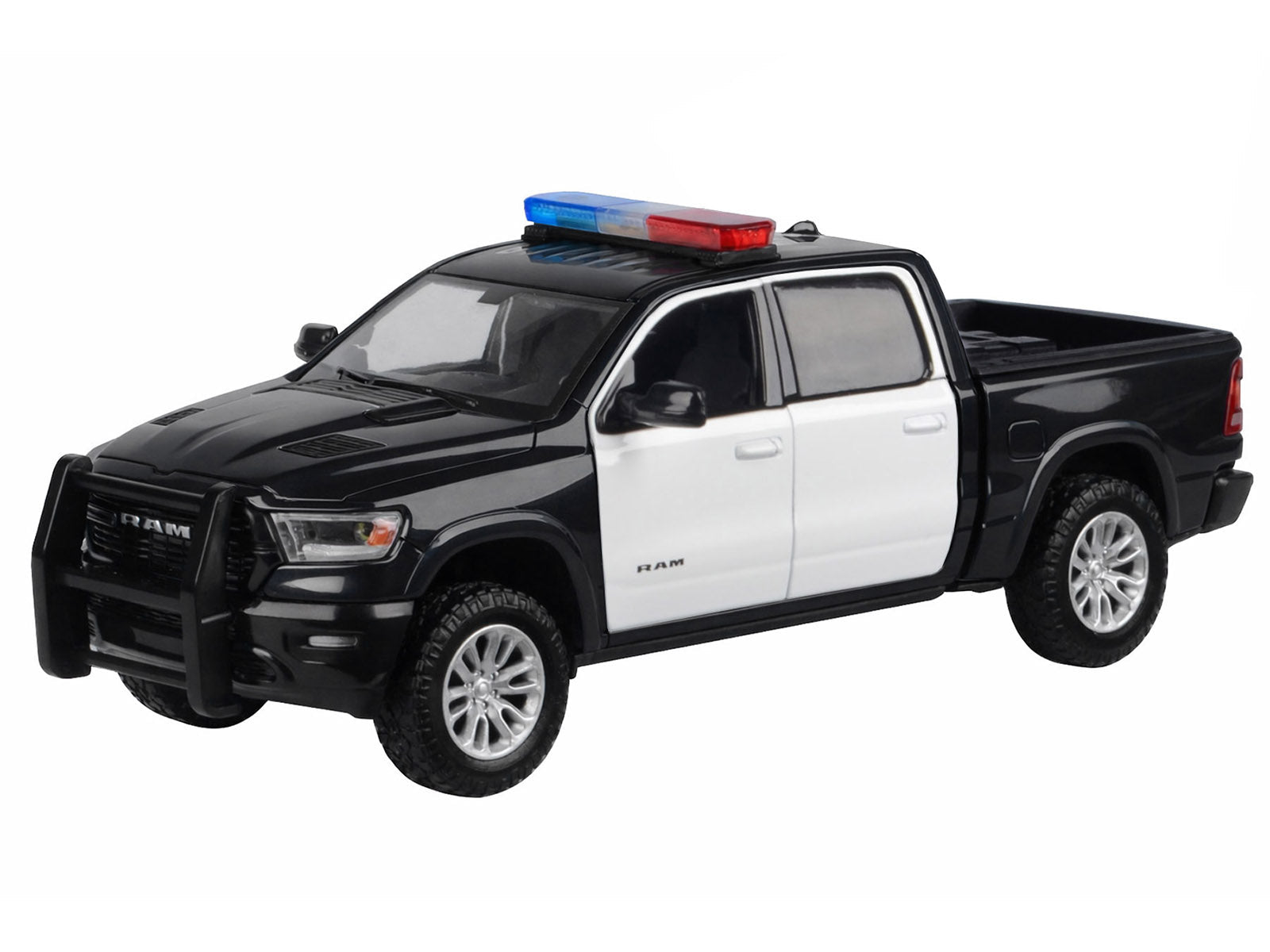 2019 RAM 1500 Laramie Crew Cab Pickup Truck Black and White with Flashing Light Bar and Front and Rear Lights and Sounds 1/27 Diecast Model Car by Motormax
