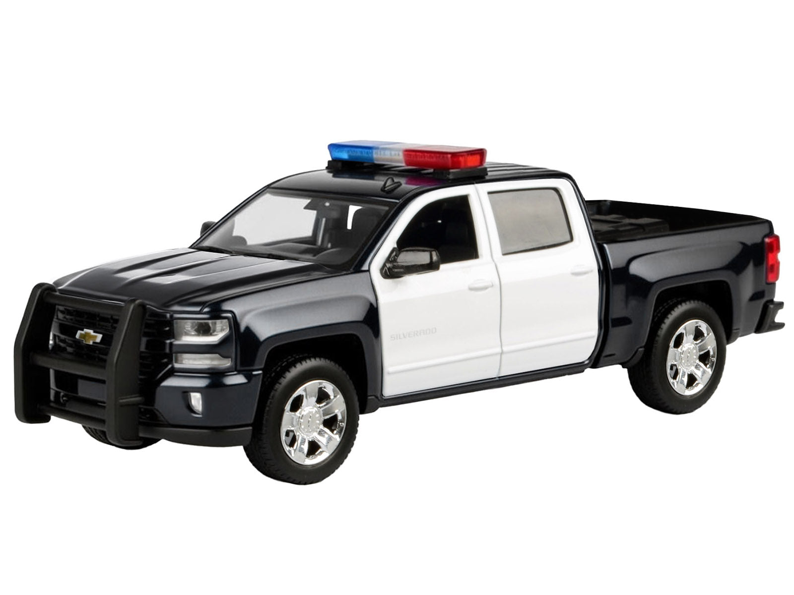 2017 Chevrolet Silverado 1500 LT Z71 Crew Cab Pickup Truck Black and White with Flashing Light Bar and Front and Rear Lights and Sounds 1/27 Diecast Model Car by Motormax