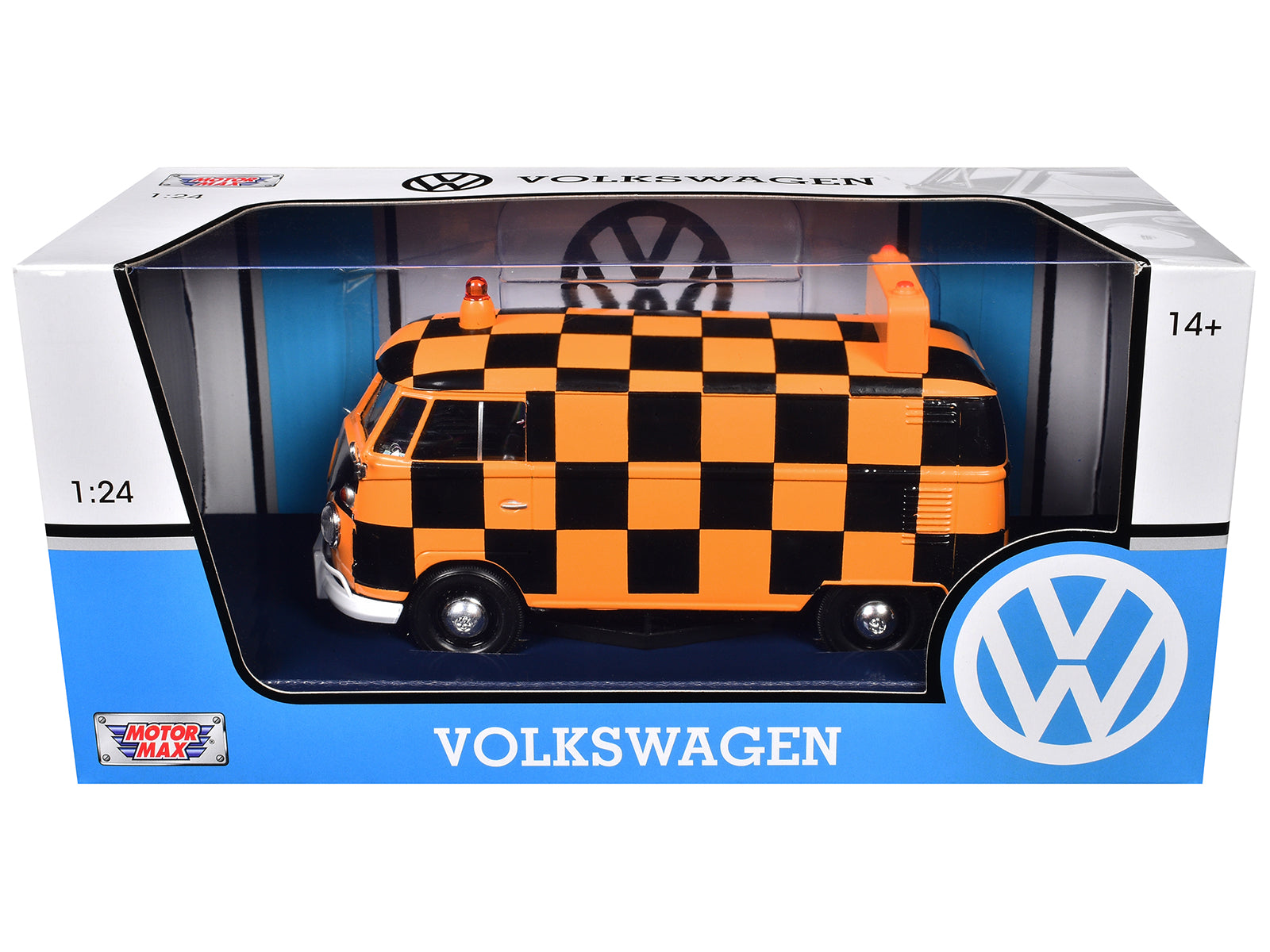 Volkswagen Type 2 (T1) Airport Runway Delivery Van Black and Orange Checkered 1/24 Diecast Model Car by Motormax