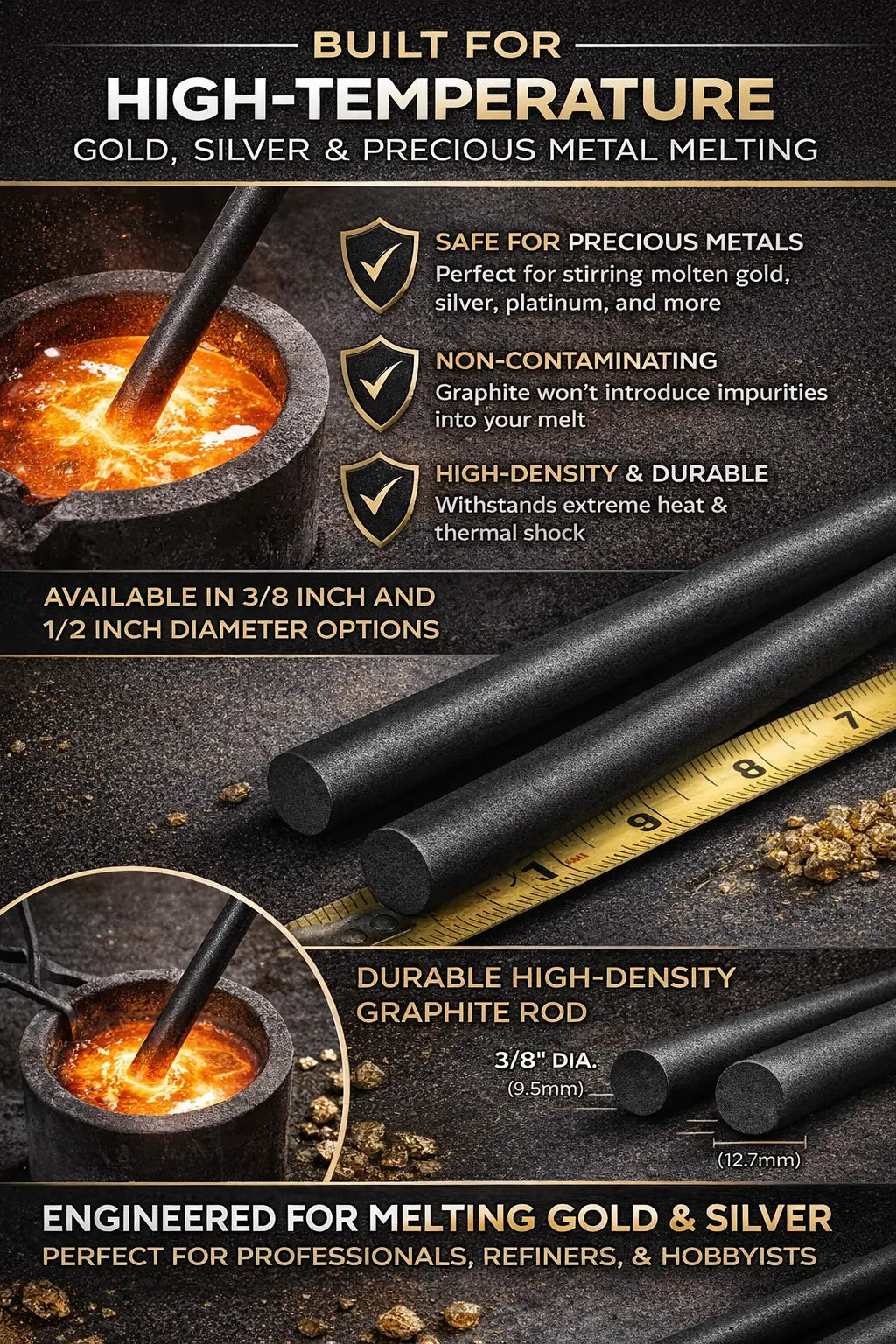 12" Graphite Stirring Rod – Gold, Silver & Precious Metal Melting – 3/8" or 1/2"