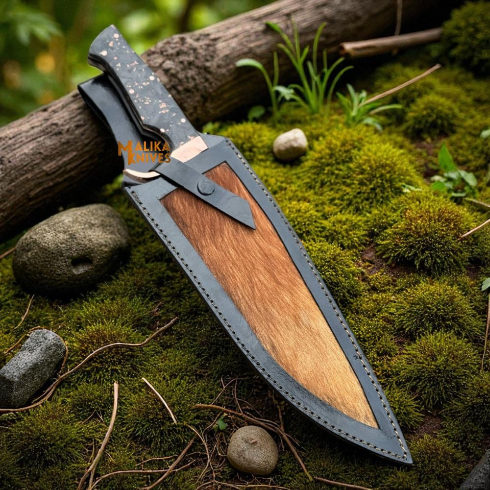 Copper Damascus Bowie Knife | Carbon Fiber Handle