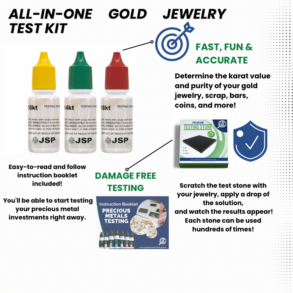 Gold Testing Kit 10K, 14K, 18K Acids, Test Needles & Stone