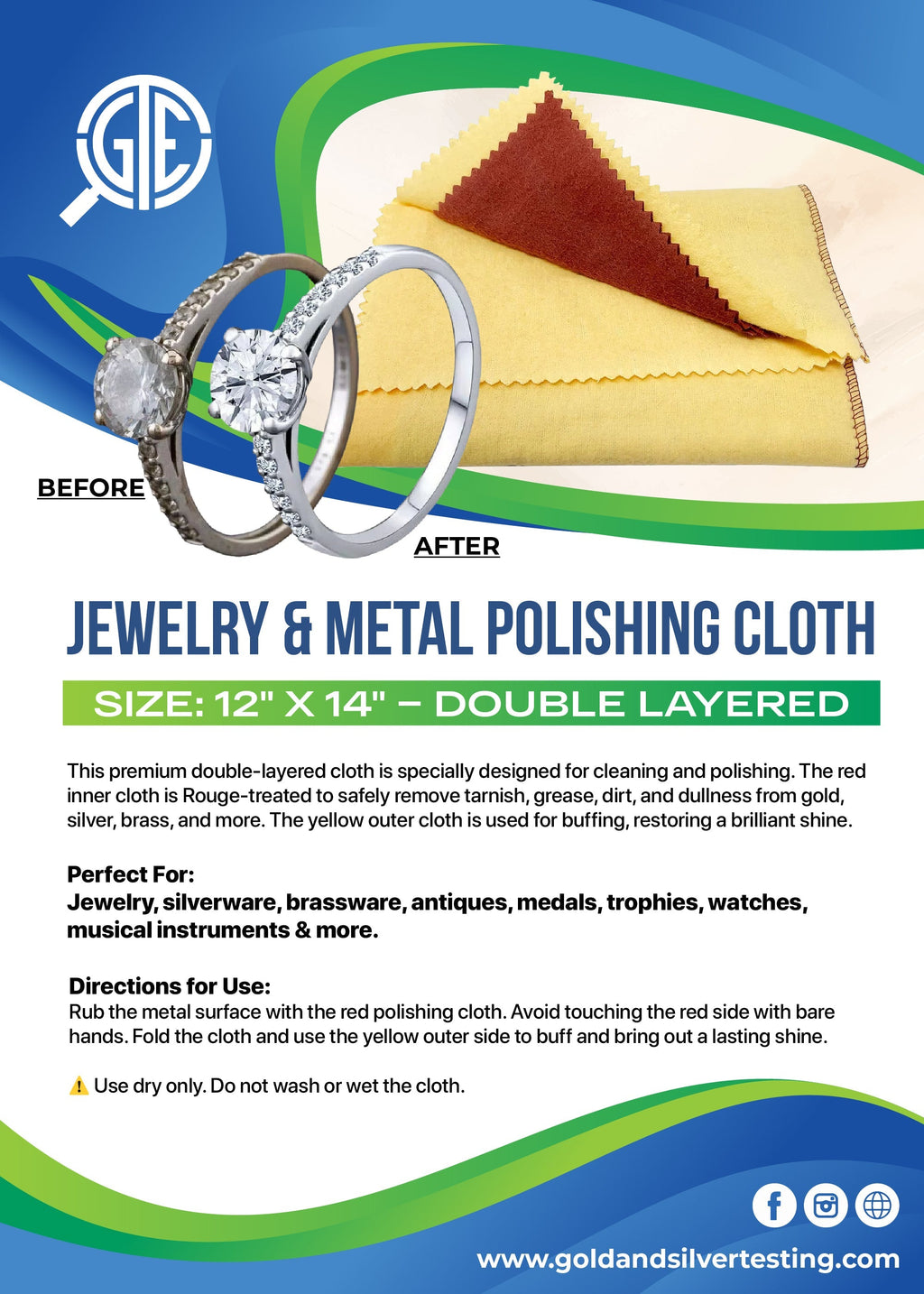 GTE Jewelers Large 12x14 Rouge Polishing Cloth Brass Copper Silver Gold Sunshine Buff