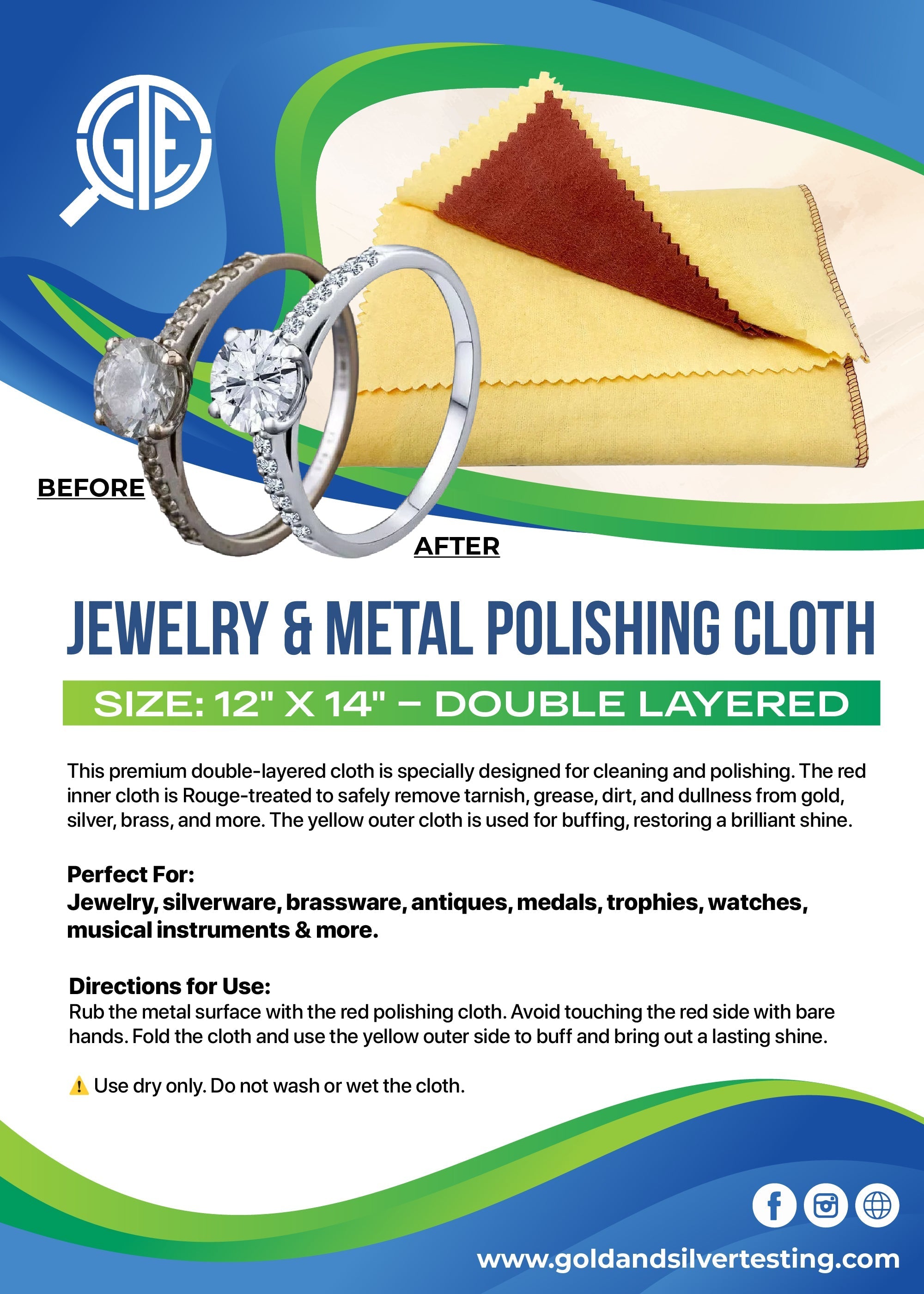 GTE Jewelers Large 12x14 Rouge Polishing Cloth Brass Copper Silver Gold Sunshine Buff