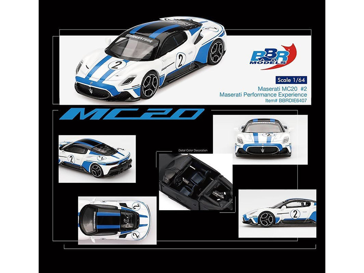 BBR - Maserati MC20 #2 White with Blue Stripes and Black Top "Maserati Performance Experience" 1/64 Diecast Model Car by BBR
