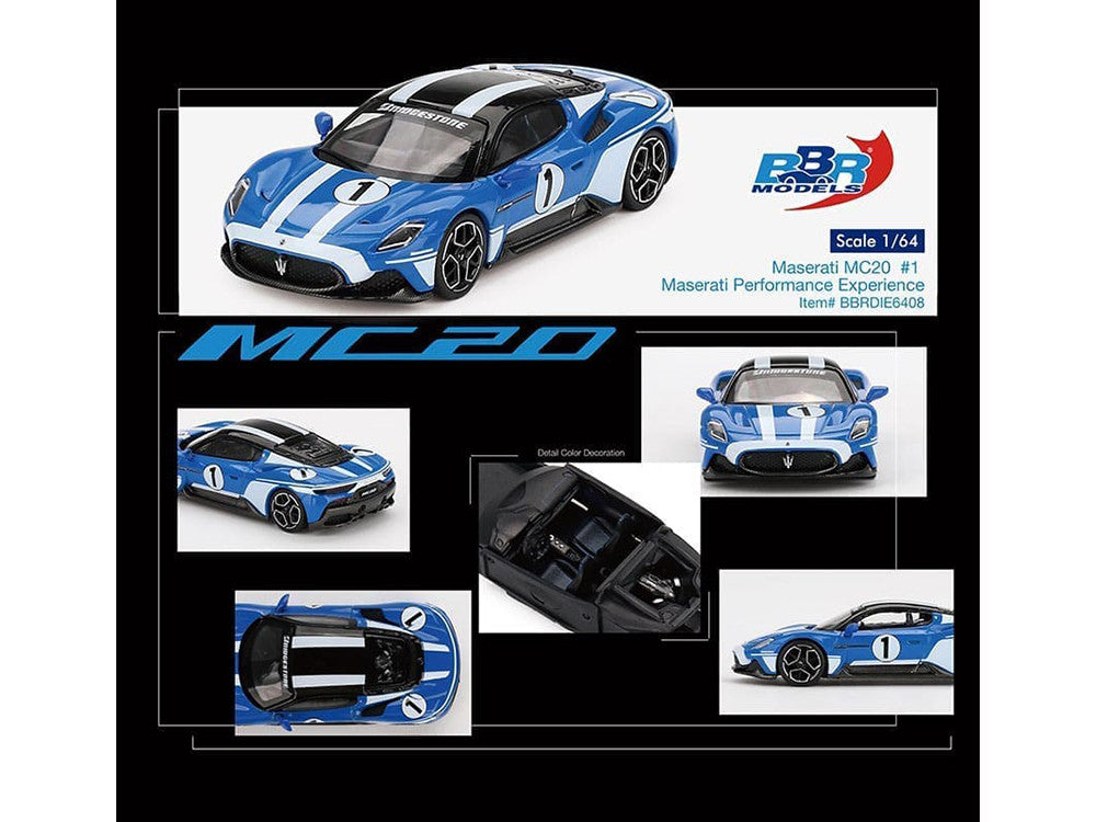 BBR - Maserati MC20 #1 Blue with White Stripes and Black Top "Maserati Performance Experience" 1/64 Diecast Model Car by BBR