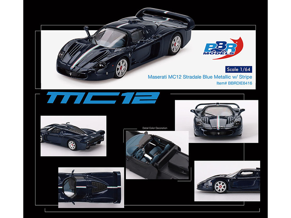 BBR - Maserati MC12 Stradale Blue Metallic with White Stripe 1/64 Diecast Model Car by BBR