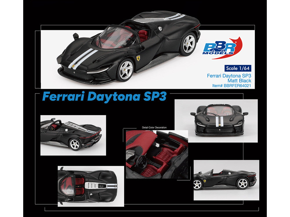 BBR - Ferrari Daytona SP3 Matt Black with White Stripes and Red Interior 1/64 Diecast Model Car by BBR