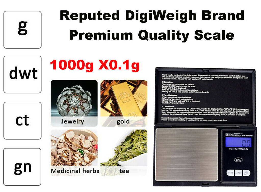 DigiWeigh DW-1000BS Precision Digital Scale – 1000g x 0.1g | Troy, Gram, Ounce, Grain | For Jewelry, Coins, Reloading, Scrap Metals