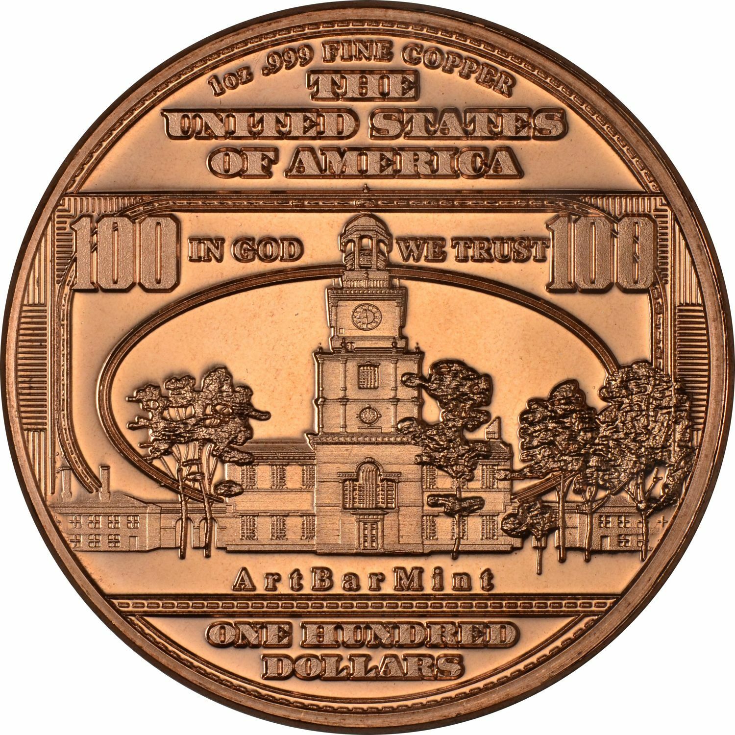 1 oz Copper Round - $100 Ben Franklin Note