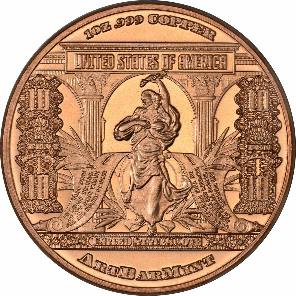 1 oz Copper Round - $10 Bison Note