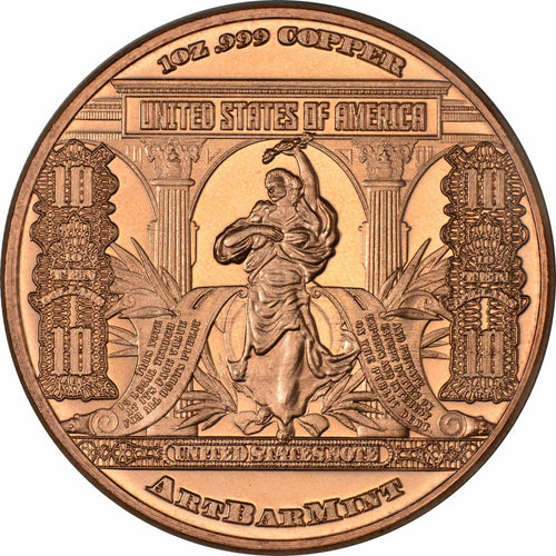 1 oz Copper Round - $10 Bison Note