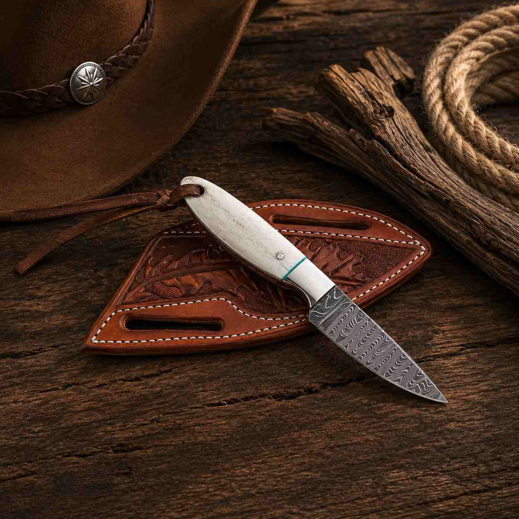 Buckaroo Damascus Steel Knife – Western Fixed Blade with Camel Bone Handle