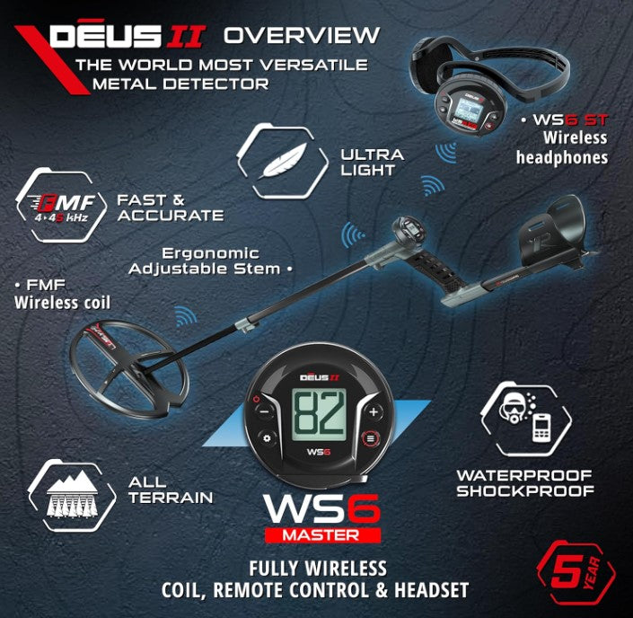 DEUS II WS6 MASTER Detector - 3428 FMF Coil (13x11"), WS6 ST, ENGLISH Manual