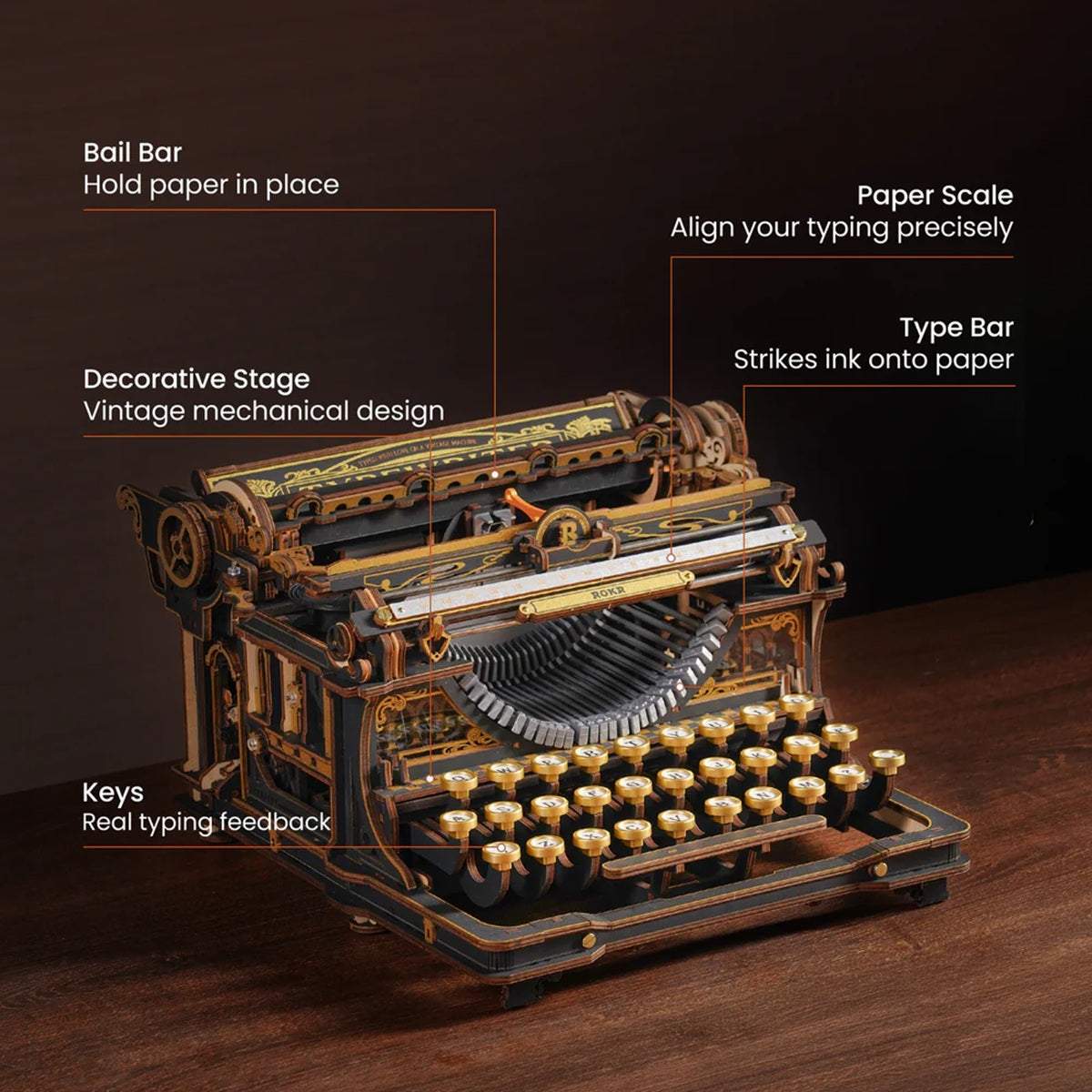 ROKR Mechanical Typewriter Wooden 3D Puzzle LK703B (Classic Version)