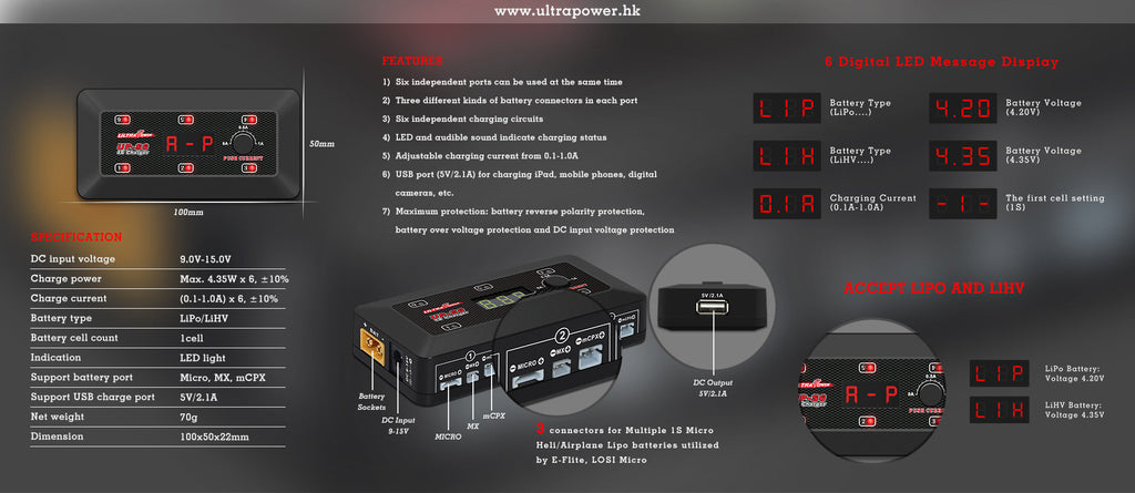 Ultra Power - UPS6 25W 1S x 6 Compact DC Charger