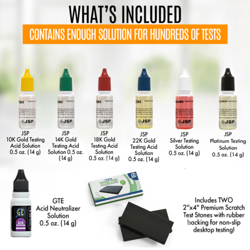 Gold, Silver, Platinum Testing Kit JSP Acids 10K-24K, Neutralizer & 2 Large GTE Testing Stones