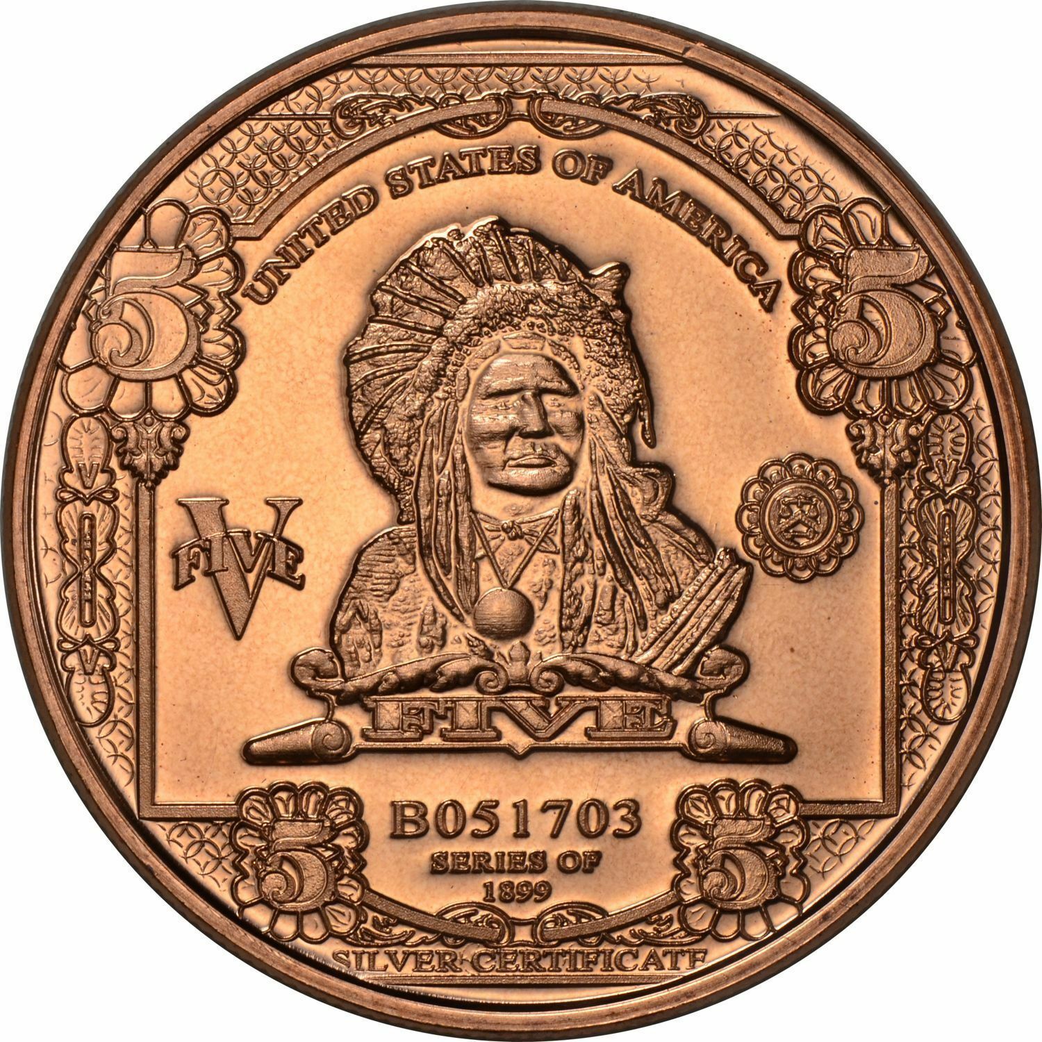 1 oz Copper Round - $5 Indian Chief Note