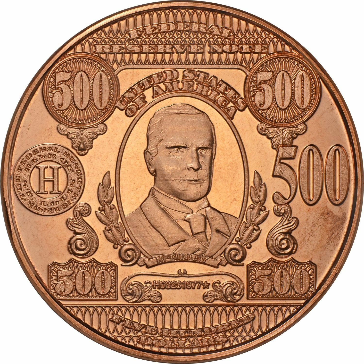 1 oz Copper Round - $500 McKinley Note