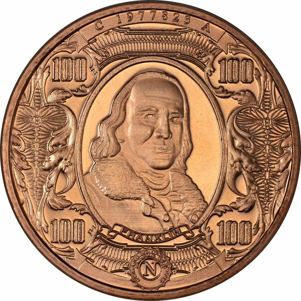 1 oz Copper Round - $100 Ben Franklin Note