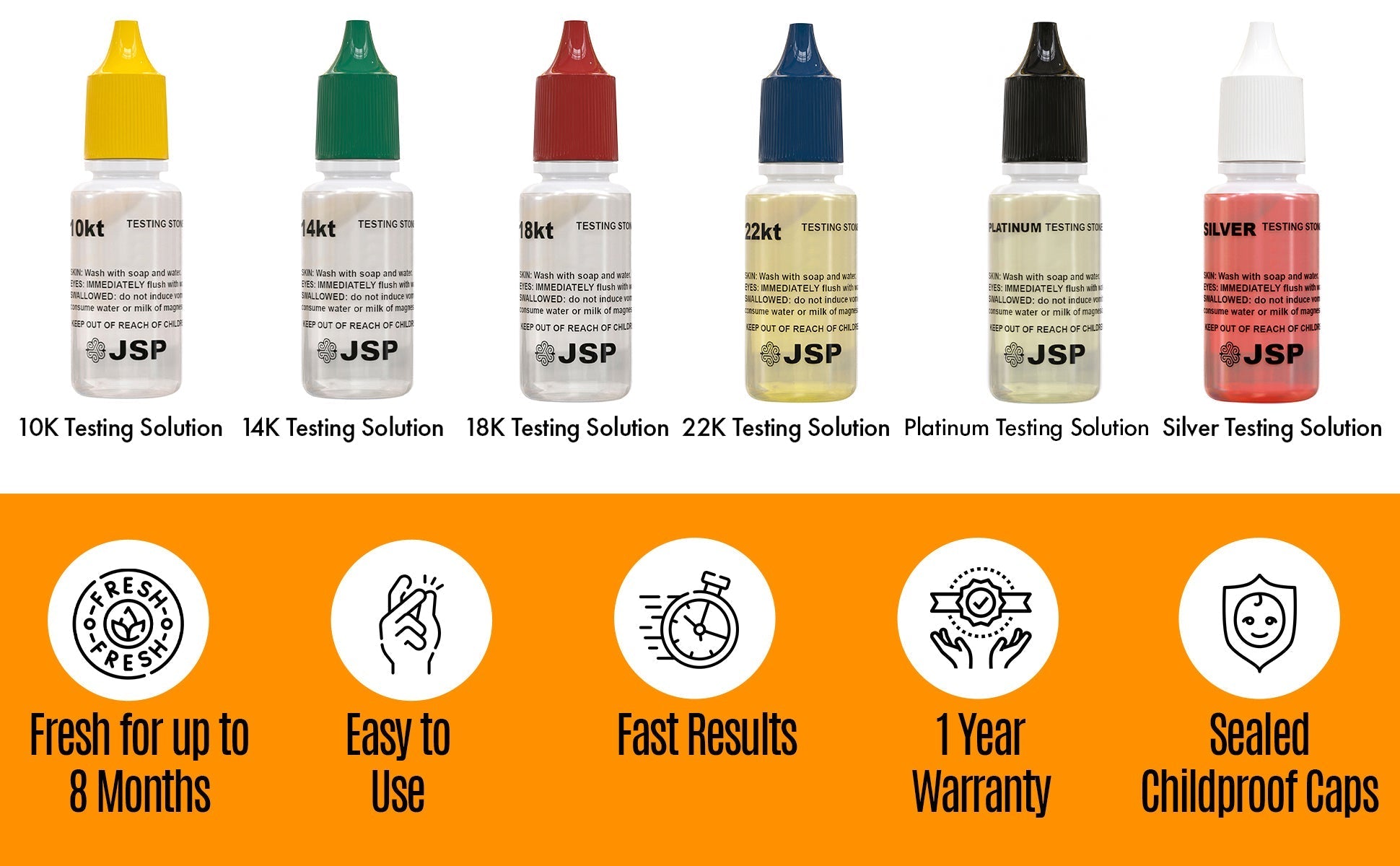 Gold, Silver, Platinum Testing Kit JSP Acids 10K-24K, Neutralizer & 2 Large GTE Testing Stones