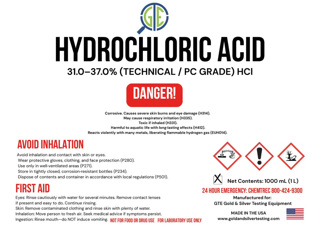 GTE Hydrochloric Acid – 32 oz (31–37%) Premium Technical Grade HCl for Gold Refining & Aqua Regia Use