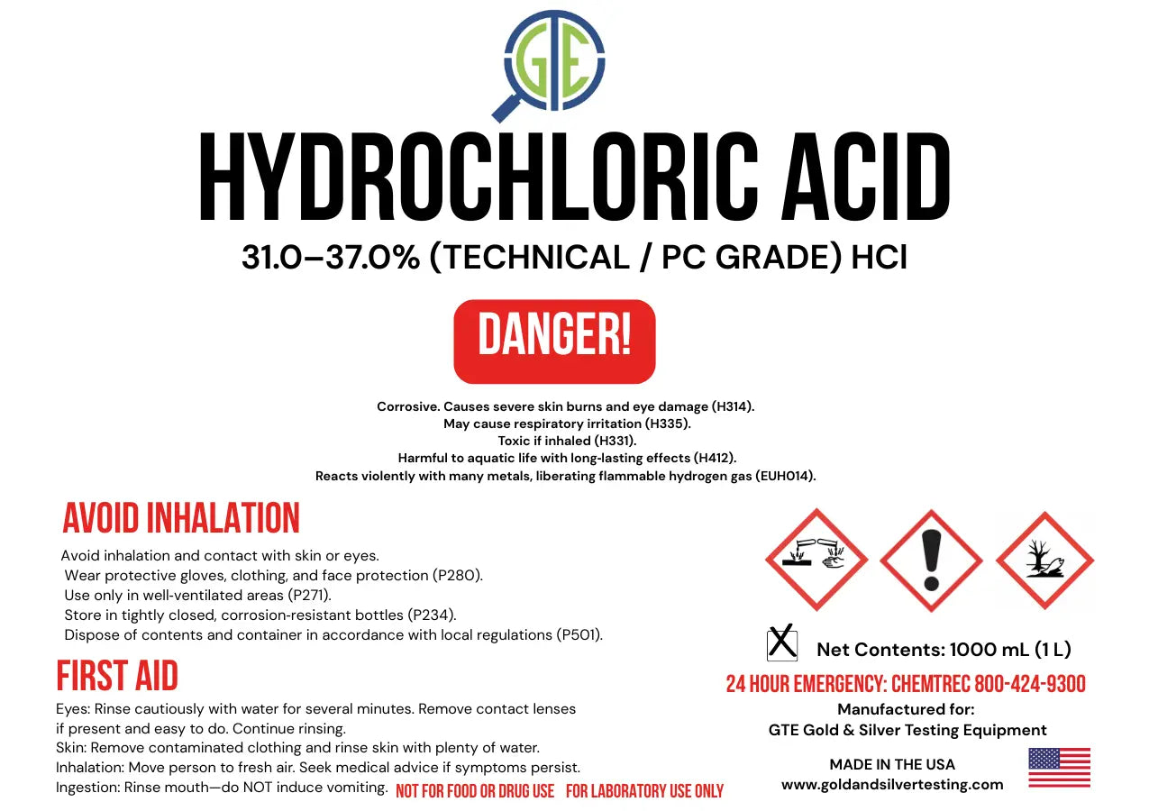 GTE Hydrochloric Acid – 32 oz (31–37%) Premium Technical Grade HCl for Gold Refining & Aqua Regia Use
