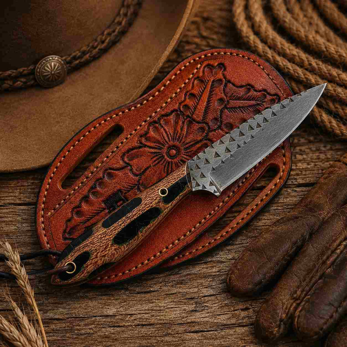 Handmade Cowboy Knife with Rasp Steel Blade, Resin & Wood Handle, Steel Bolster