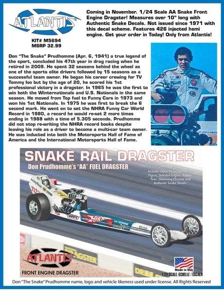 1:24 Don the Snake Prudhomme's "AA" Fuel Front Engine Rail Dragster Plastic Model Kit