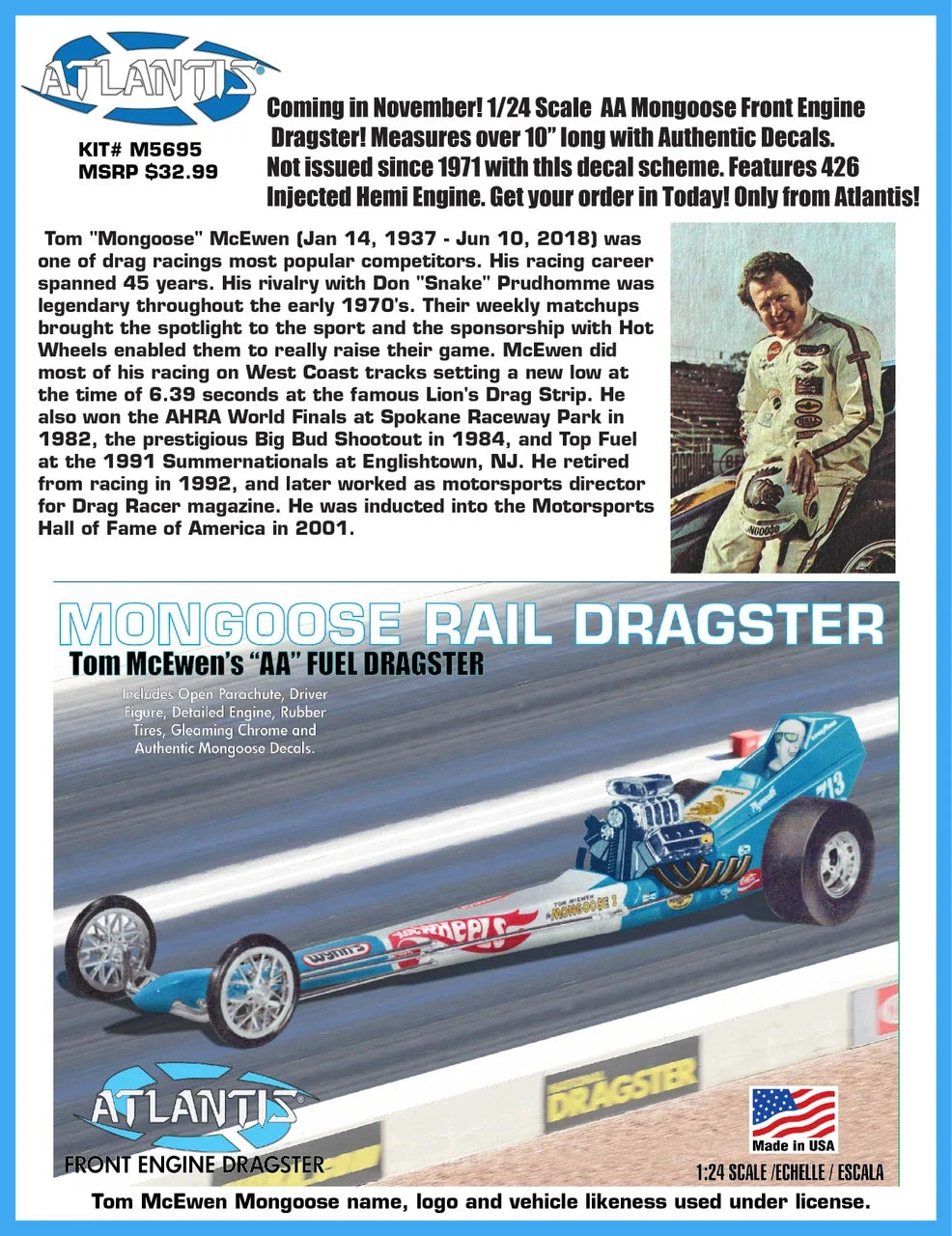 1/24 Tom Mongoose McEwen Front Engine Dragster Plastic Model