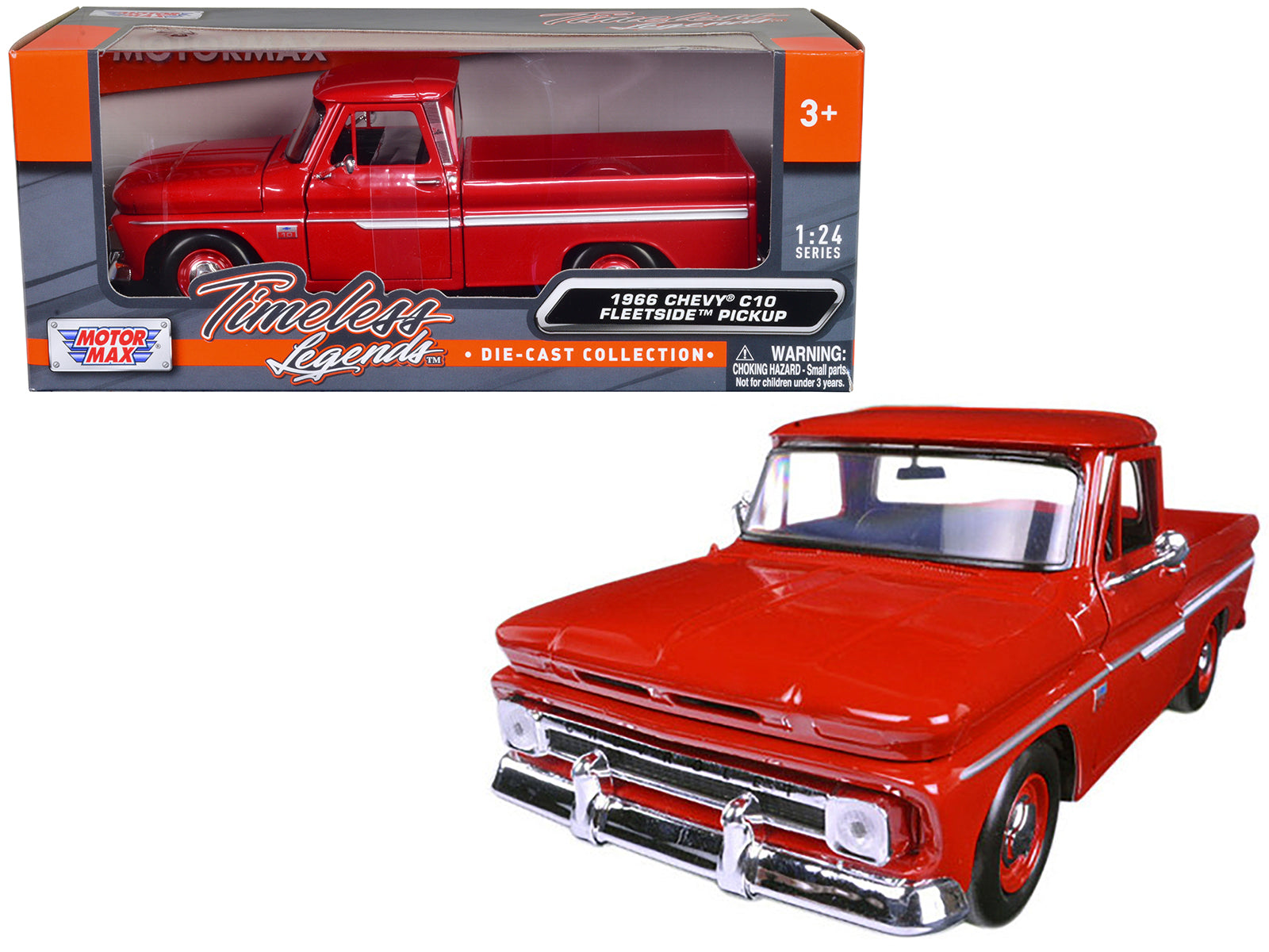 Motormax - 1966 Chevrolet C10 Fleetside Pickup Truck Red 1/24 Diecast Model Car by Motormax