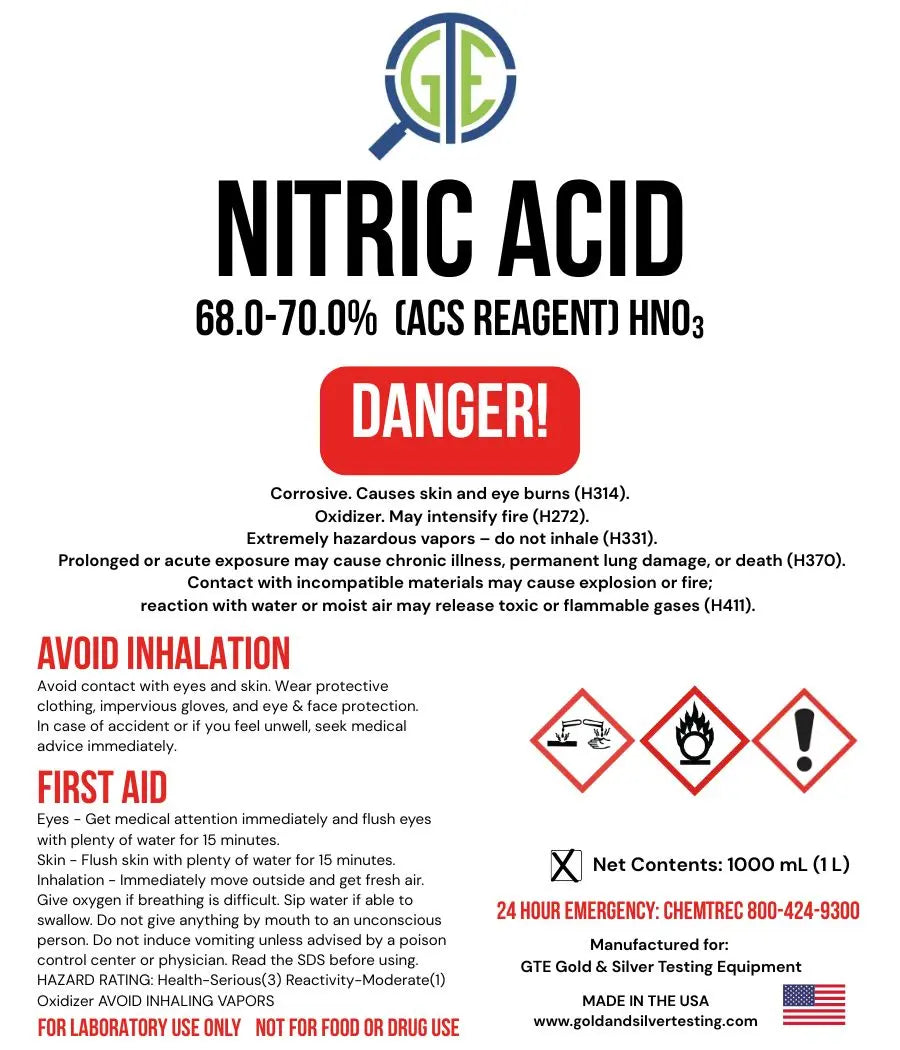 Nitric Acid 70% – 6 Pack (32 oz Bottles) ACS Reagent Grade for Gold Refining & Precious Metal Recovery