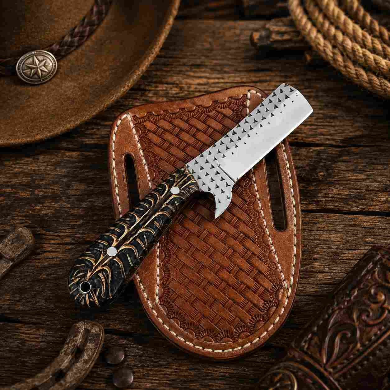 Rasp Steel Bullcutter Knife with Black Pine Cone Handle