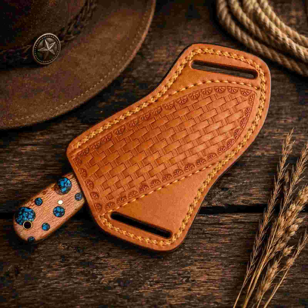 Cholla Cactus Buckaroo Knife – Damascus Steel Blade with Natural Cactus Handle & Leather Sheath