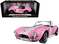 1965 Shelby Cobra 427 S/C Pink with White Stripes with Printed Carroll Shelby Signature's on the Trunk 1/18 Diecast Model Car by Shelby Collectibles