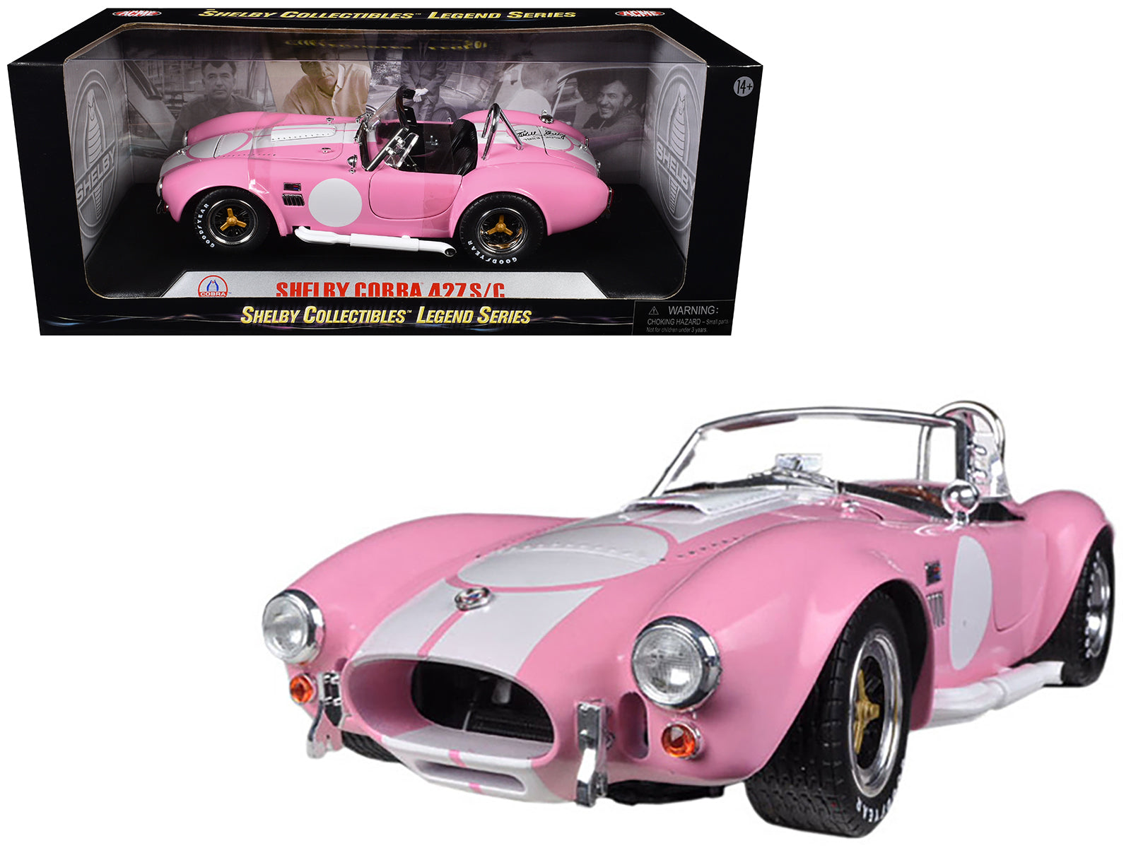 1965 Shelby Cobra 427 S/C Pink with White Stripes with Printed Carroll Shelby Signature's on the Trunk 1/18 Diecast Model Car by Shelby Collectibles