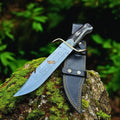 SS Damascus Gut Hook Bowie Knife Stag Antler Handle Sheath